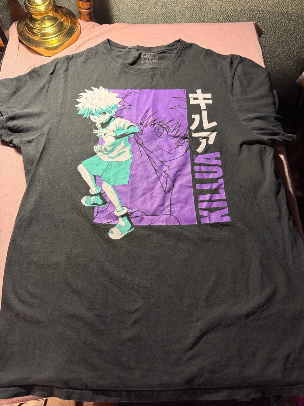 Black Killua Graphic Tee with Purple & Teal Print
